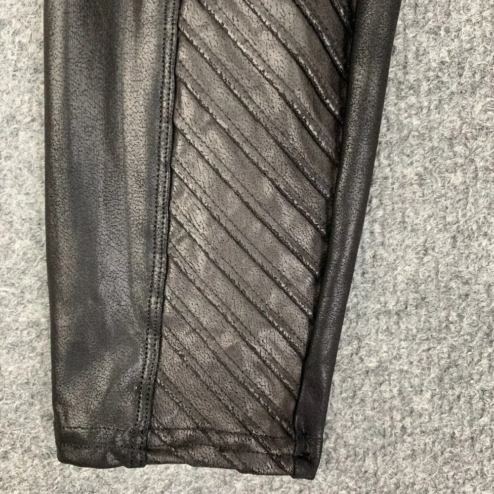 Spanx Leggings Women S Small Black Coated Faux Leather Moto Pull On Ribbed Panel